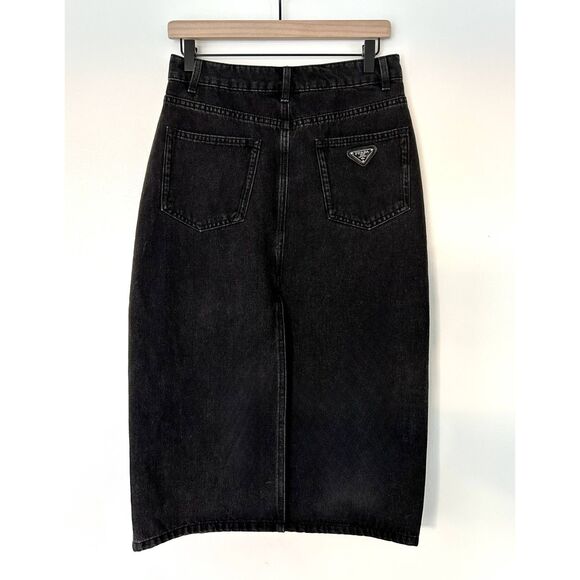 Prada Black Long Denim Midi Skirt Button Fly Size 4 US EUC - Picture 16 of 16